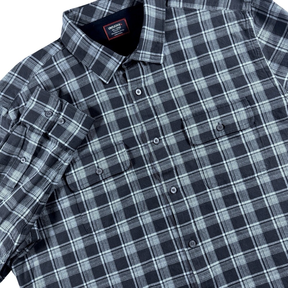UNTUCKit Flannel Button Up Shirt Mens XXL Gray Plaid Flap Pockets Organic Cotton